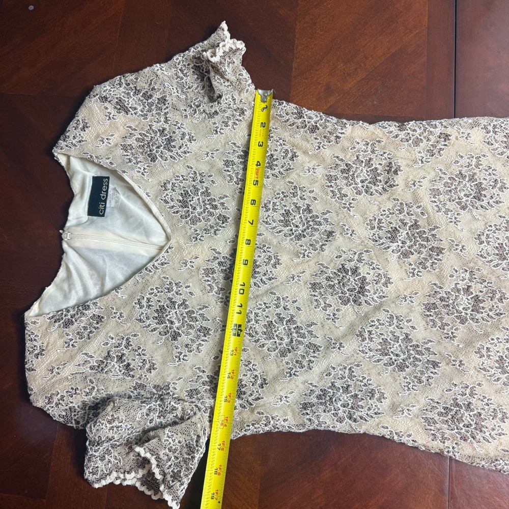 Vintage Lace Overlay Midi Dress Beige Brown Floral Short‎ Sleeve Formal Size 10 - Picture 7 of 13